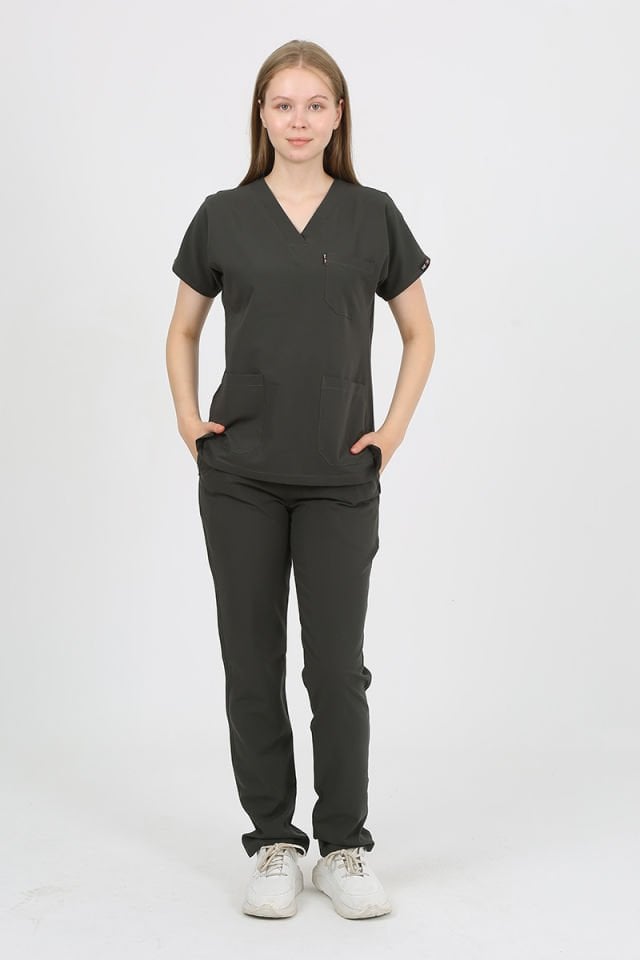 DAİSY V Yaka Koyu Haki Unisex Uniforma (Likralı)