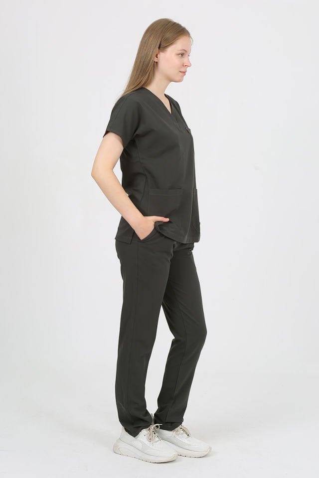 DAİSY V Yaka Koyu Haki Unisex Uniforma (Likralı)