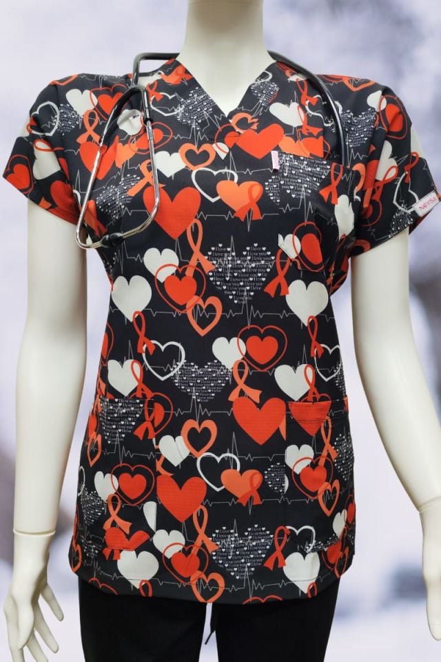 DAİSY V Yaka Kalp Desenli Unisex Uniforma (Likralı)