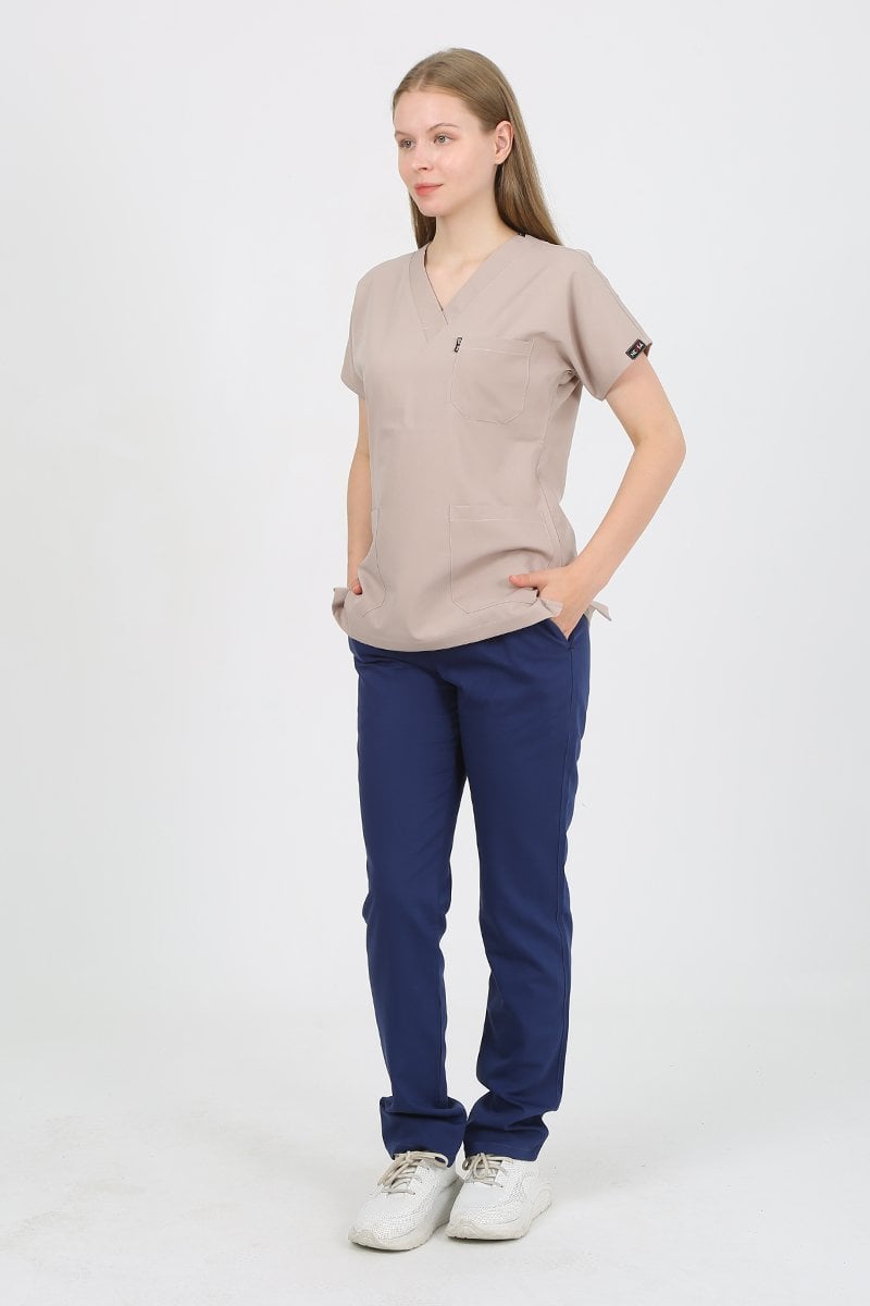 Kum Bej - Koyu İndigo Kombin Unisex Uniforma (Likralı)