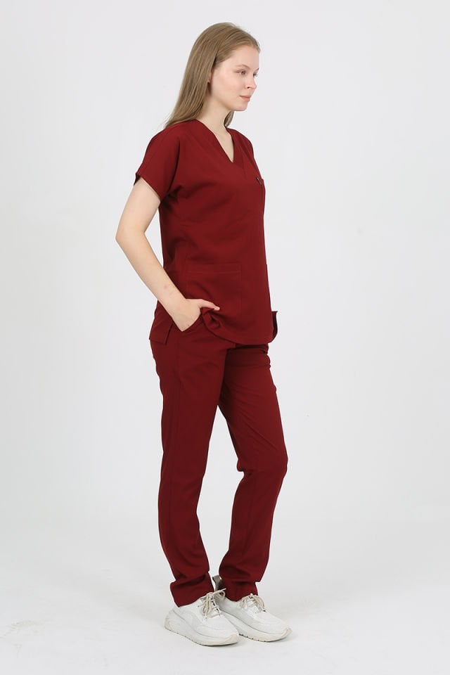 DAİSY V Yaka Bordo Unisex Uniforma (Likralı)