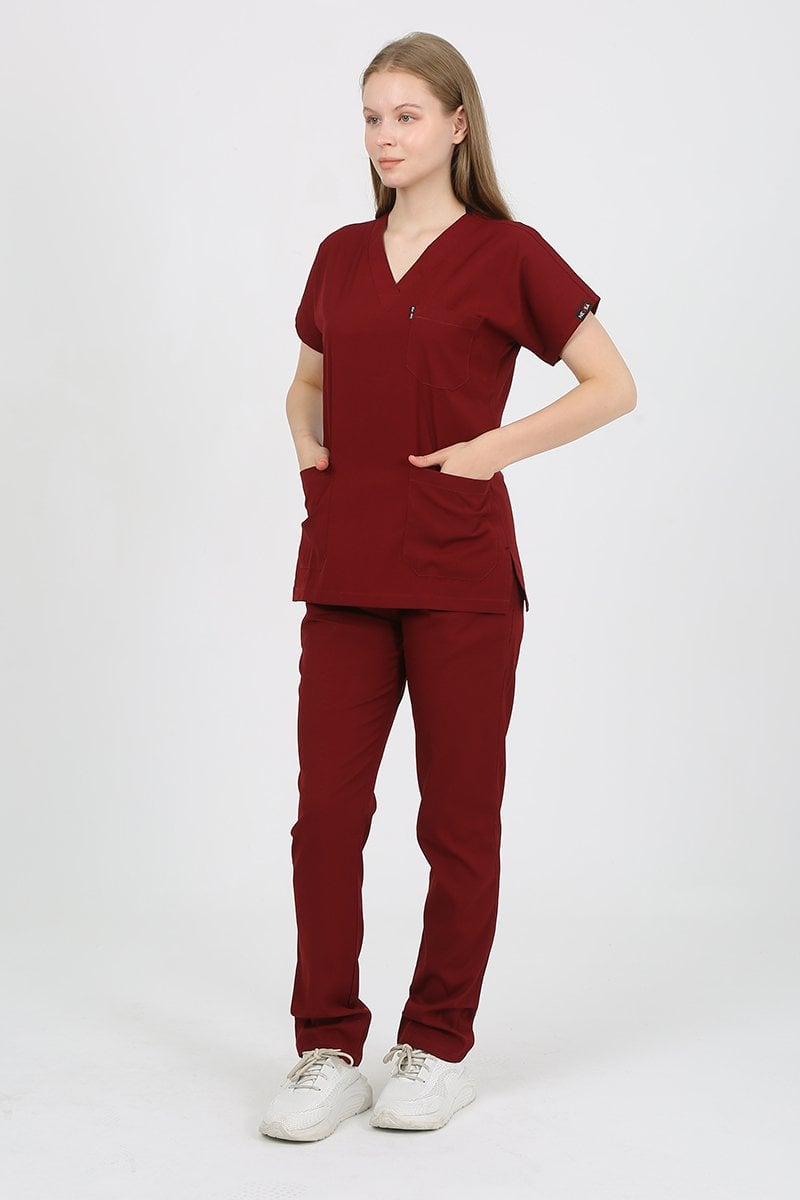 DAİSY V Yaka Bordo Unisex Uniforma (Likralı)