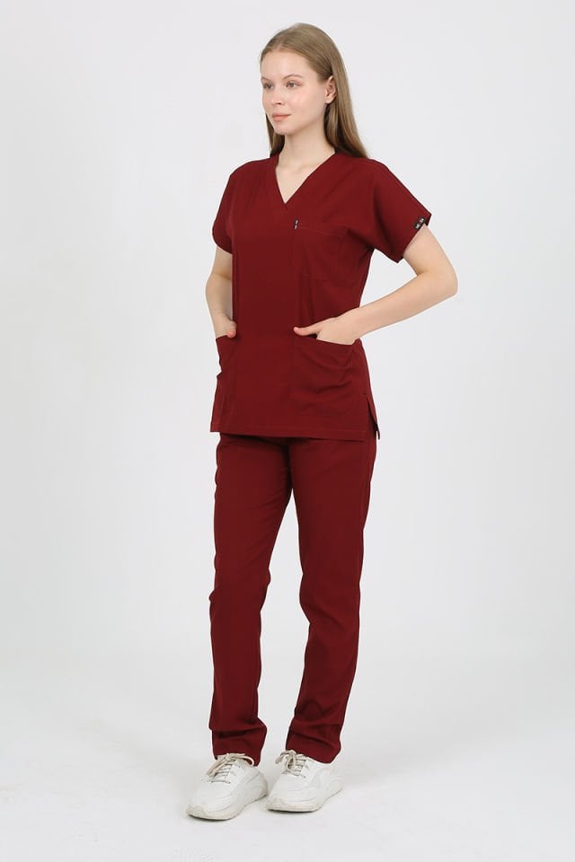 DAİSY V Yaka Bordo Unisex Uniforma (Likralı)