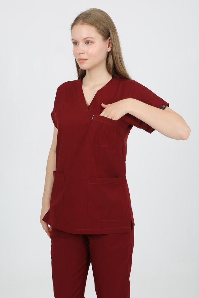 DAİSY V Yaka Bordo Unisex Uniforma (Likralı)