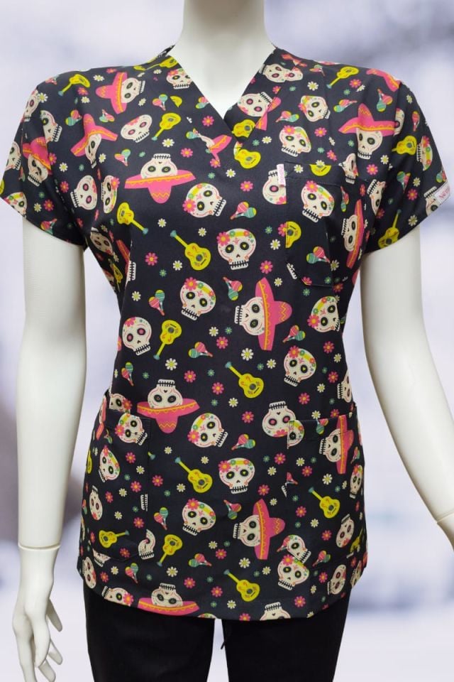 DAİSY V Yaka Kuru Kafa Desenli Unisex Uniforma (Likralı)
