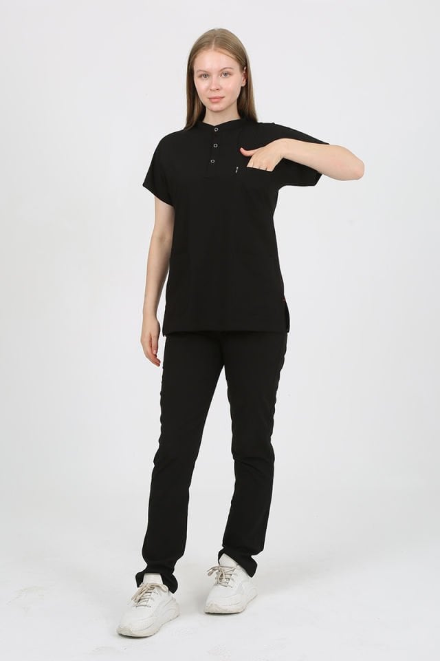 PLUMERİA Hakim Yaka Siyah Unisex Uniforma (Likralı)