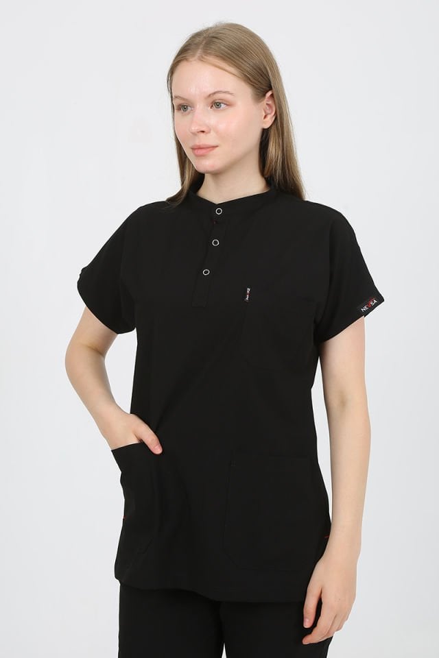 PLUMERİA Hakim Yaka Siyah Unisex Uniforma (Likralı)