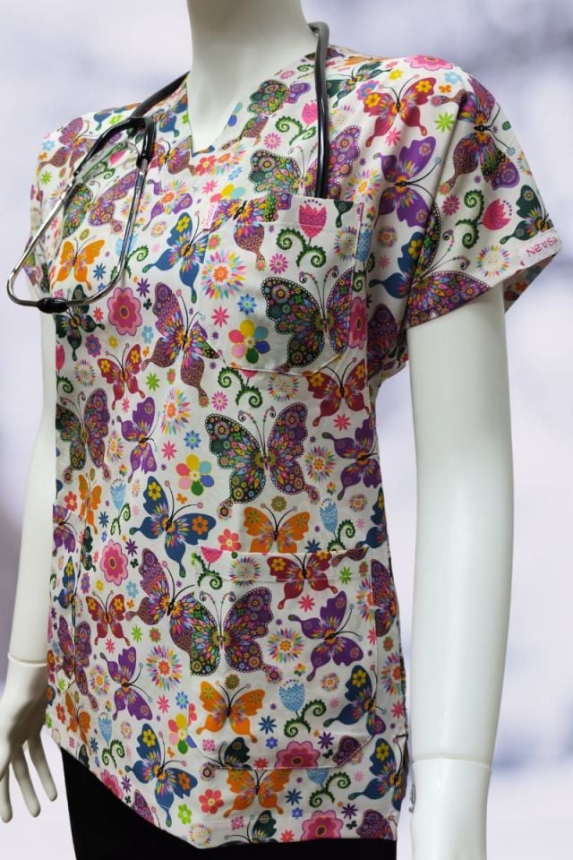 DAİSY V Yaka Kelebek Desenli Unisex Uniforma (Likralı)