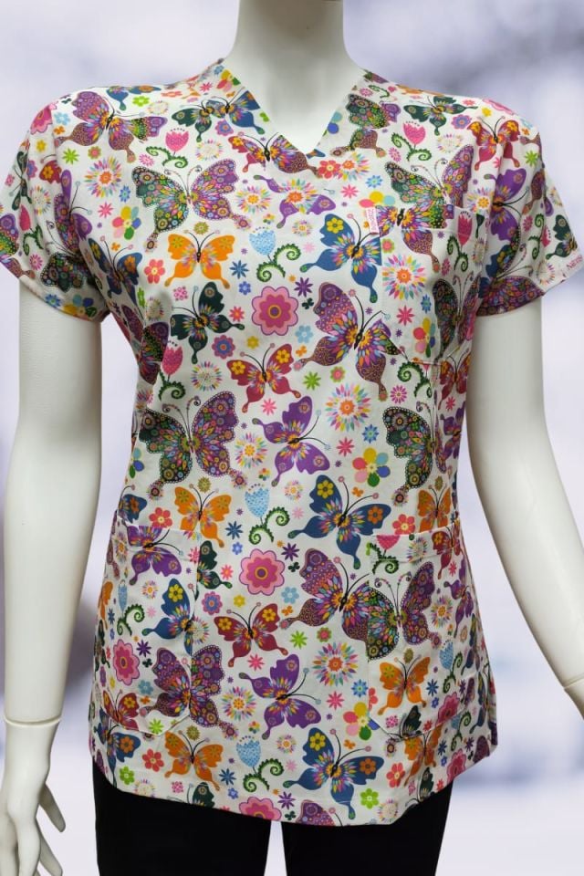 DAİSY V Yaka Kelebek Desenli Unisex Uniforma (Likralı)
