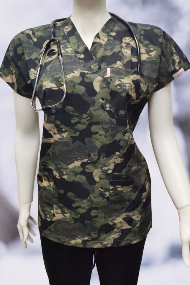 DAİSY V Yaka Kamuflaj Desenli Unisex Uniforma (Likralı)