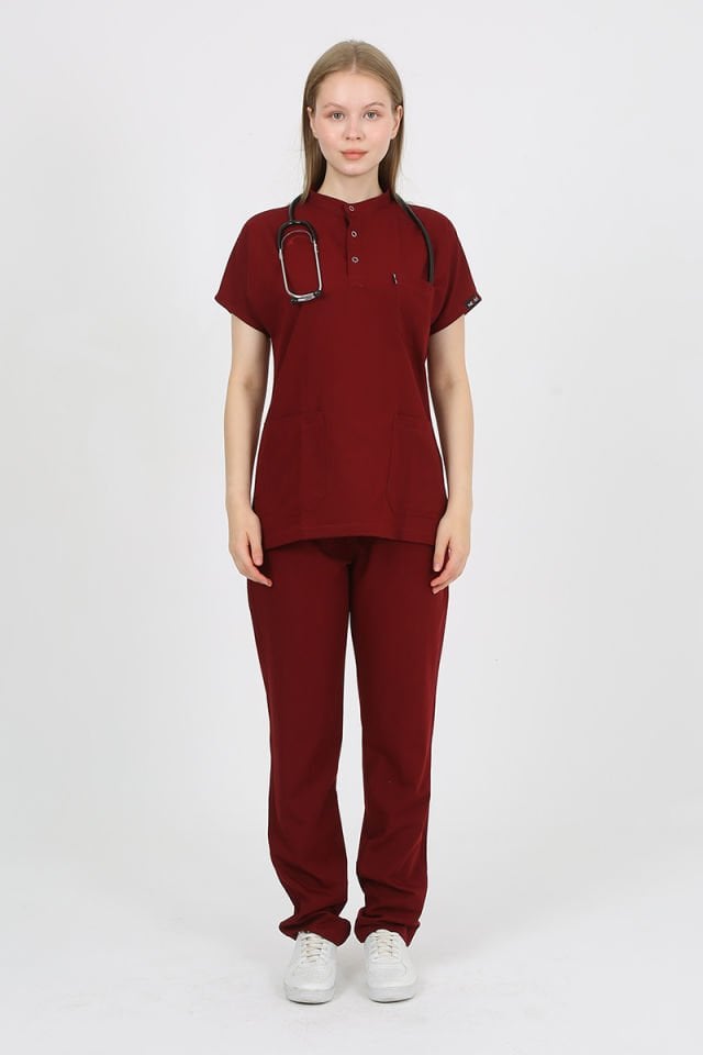 PLUMERİA Hakim Yaka Bordo Unisex Uniforma (Likralı)