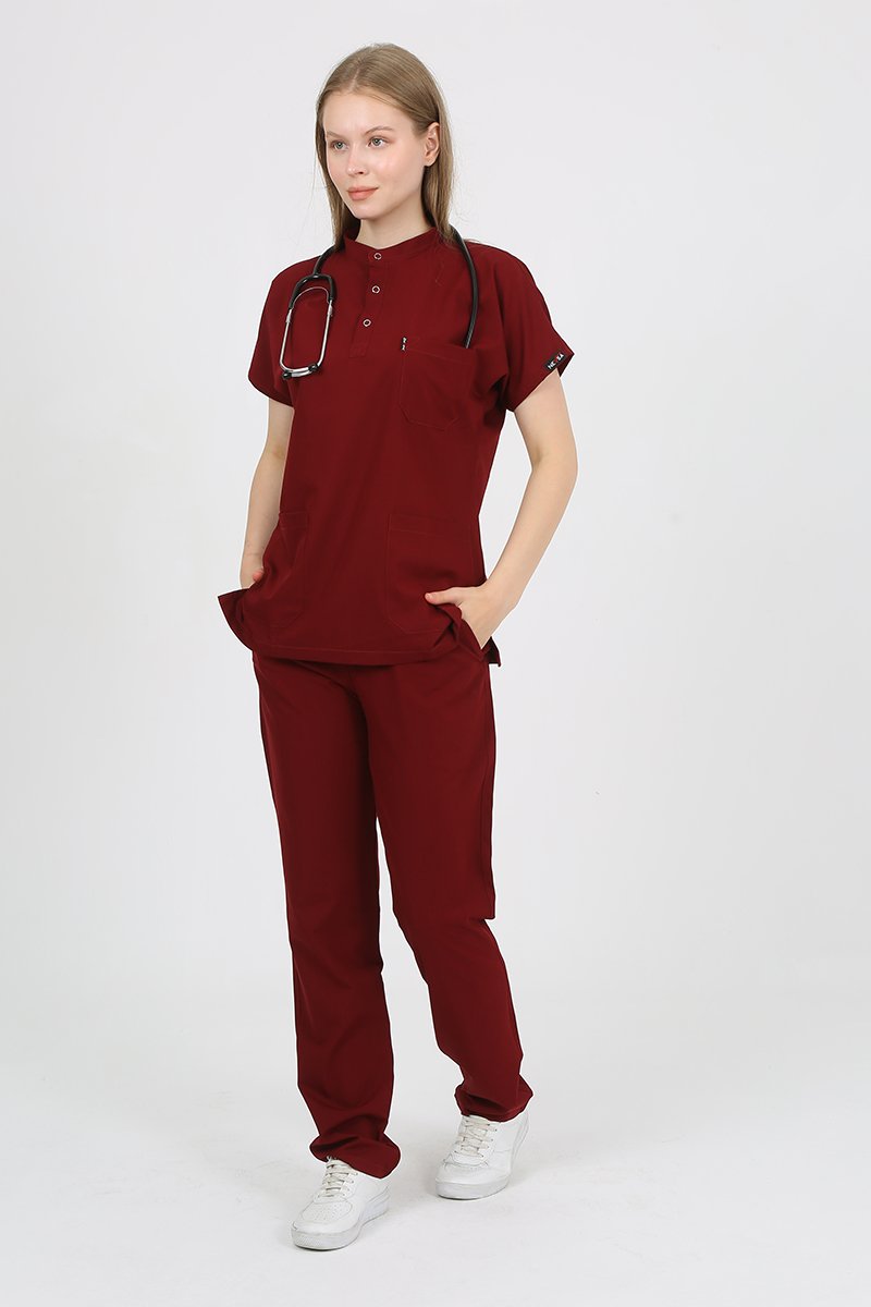 PLUMERİA Hakim Yaka Bordo Unisex Uniforma (Likralı)