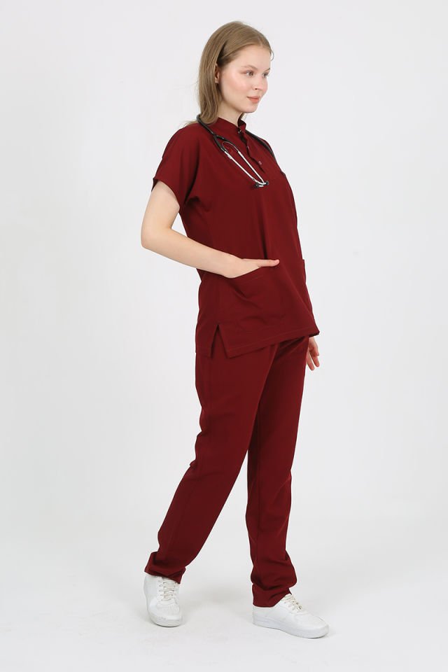 PLUMERİA Hakim Yaka Bordo Unisex Uniforma (Likralı)