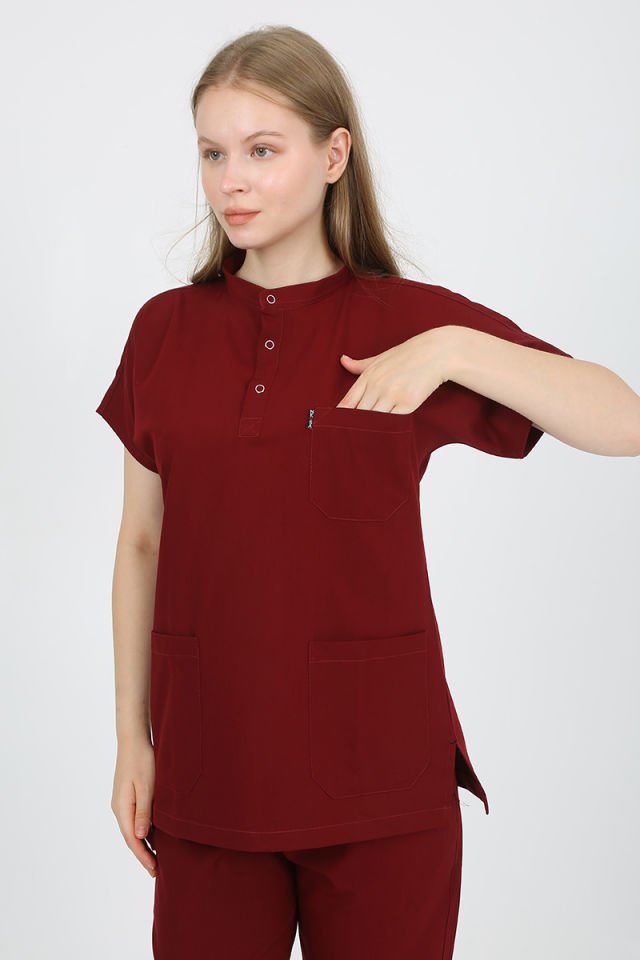 PLUMERİA Hakim Yaka Bordo Unisex Uniforma (Likralı)