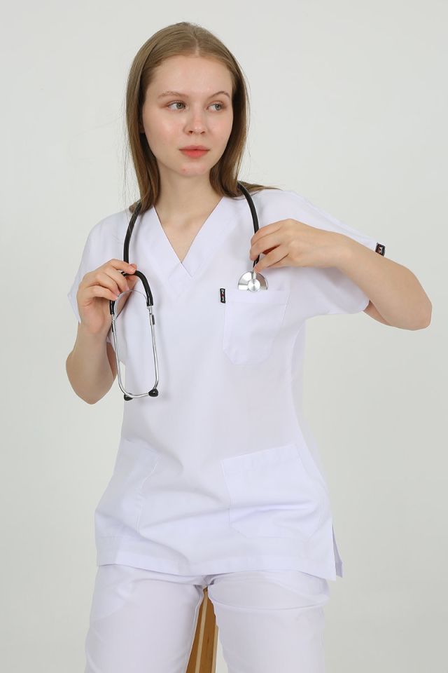 DAİSY V Yaka Beyaz Unisex Uniforma (Likralı)