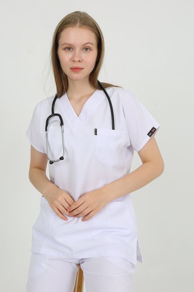 DAİSY V Yaka Beyaz Unisex Uniforma (Likralı)