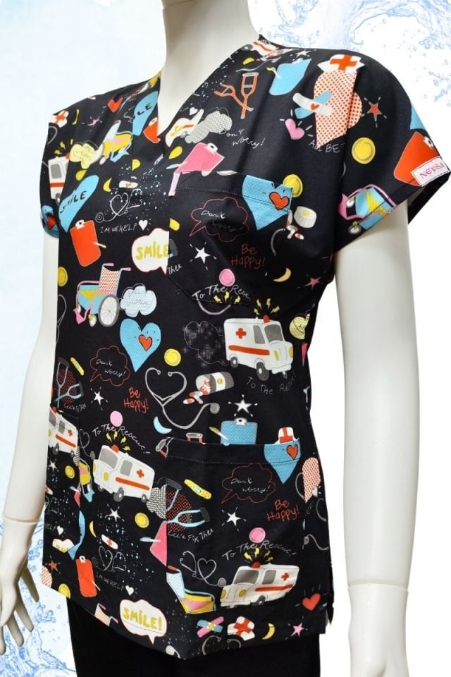 DAİSY V Yaka Ambulans Desenli Unisex Uniforma (Likralı)