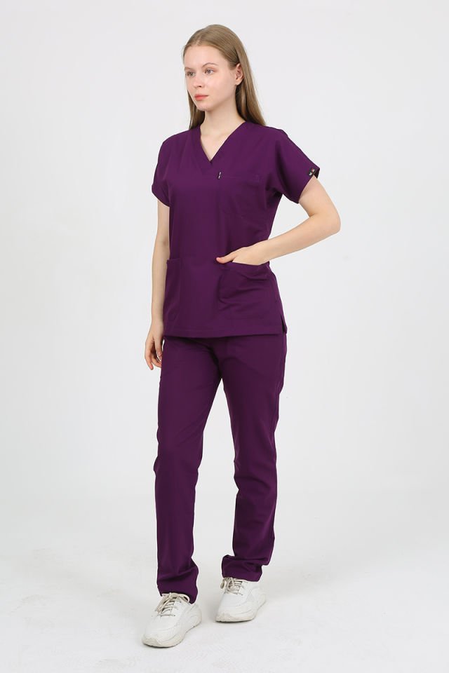 DAİSY V Yaka Mürdüm Unisex Uniforma (Likralı)