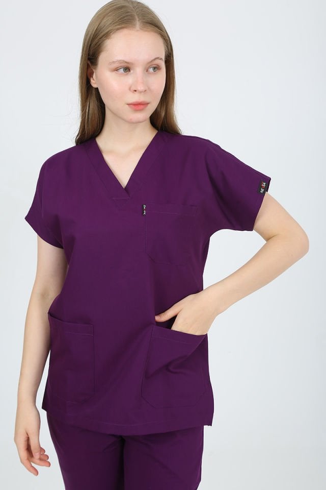 DAİSY V Yaka Mürdüm Unisex Uniforma (Likralı)