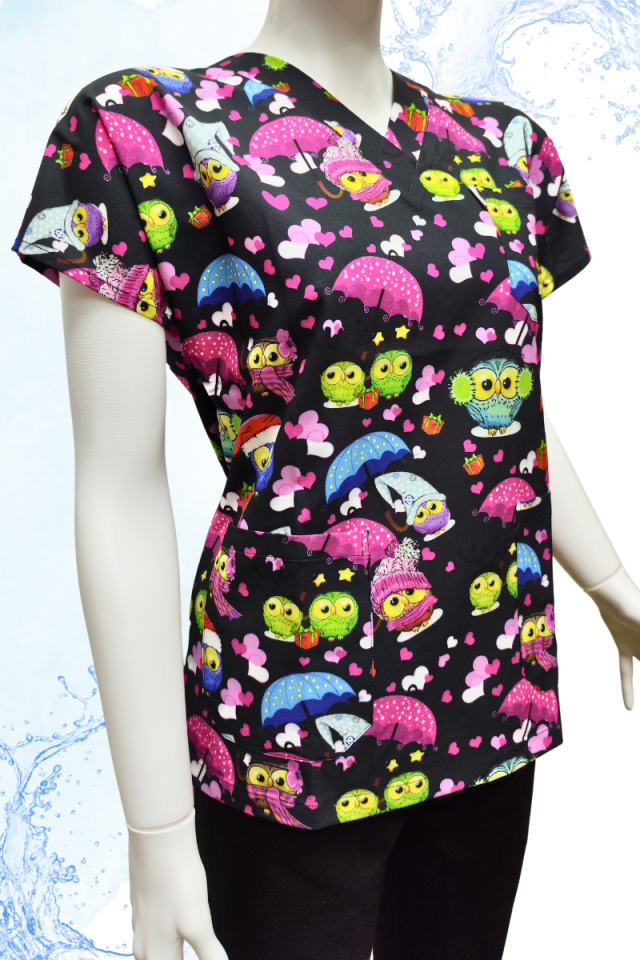DAİSY V Yaka Kalpli Baykuş Desenli Unisex Uniforma (Likralı)