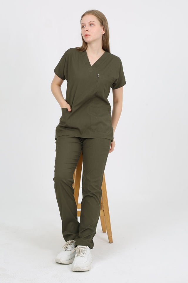 DAİSY V Yaka Haki Unisex Uniforma (Likralı)