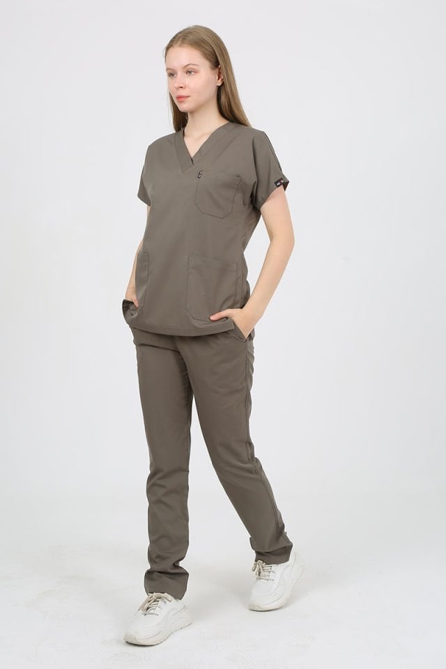 DAİSY V Yaka Açık Haki Unisex Uniforma (Likralı)