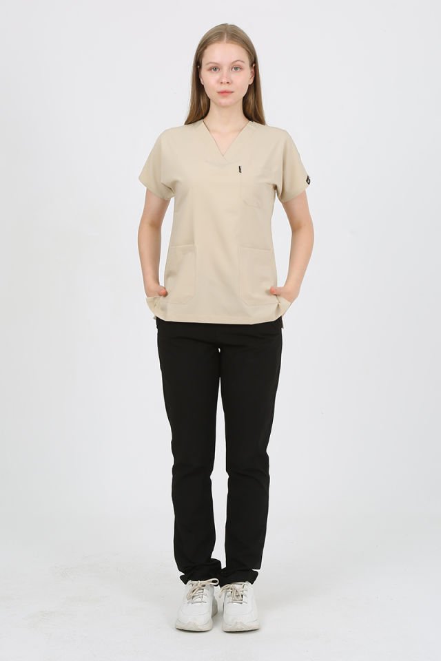 Açık Bej  - Siyah Kombin Unisex Uniforma (Likralı)
