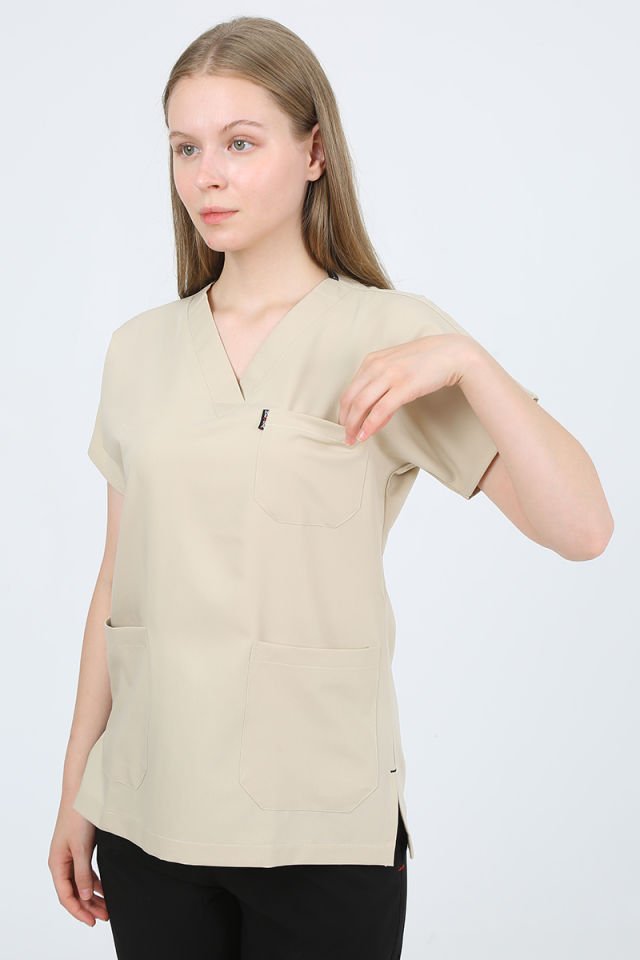 Açık Bej  - Siyah Kombin Unisex Uniforma (Likralı)