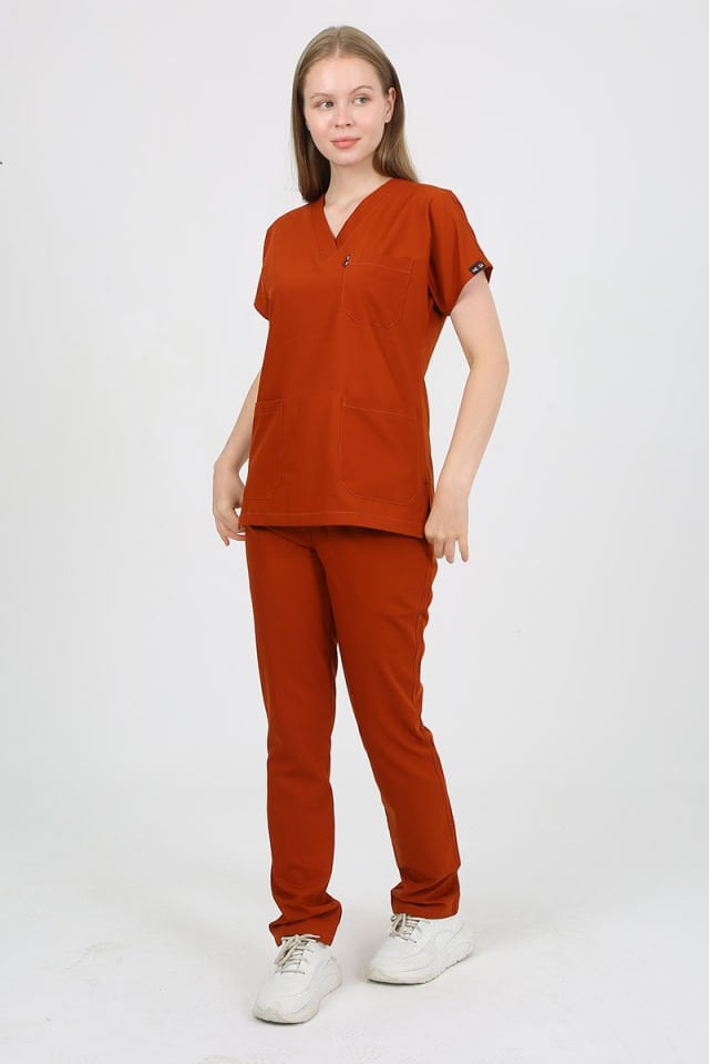 DAİSY V Yaka Kiremit Unisex Uniforma (Likralı)