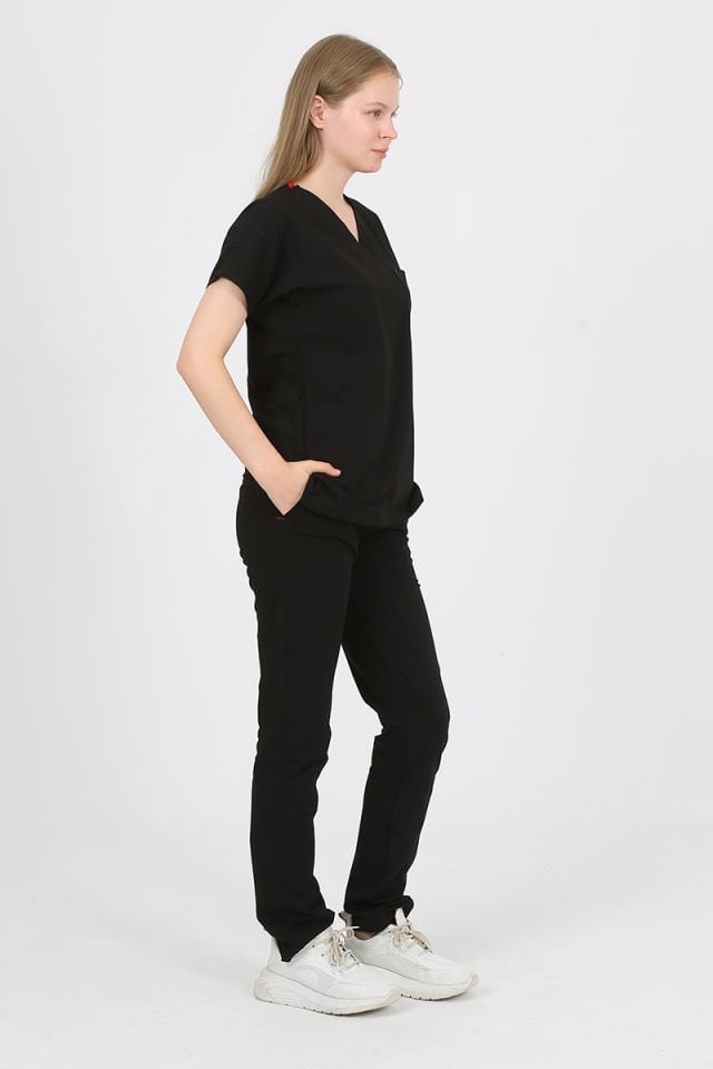 DAİSY V Yaka Siyah Unisex Uniforma (Likralı)
