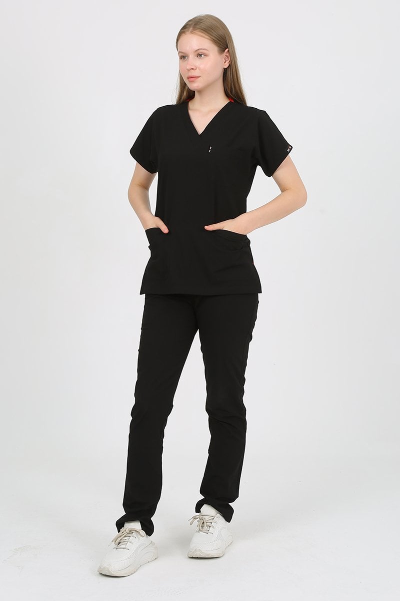 DAİSY V Yaka Siyah Unisex Uniforma (Likralı)