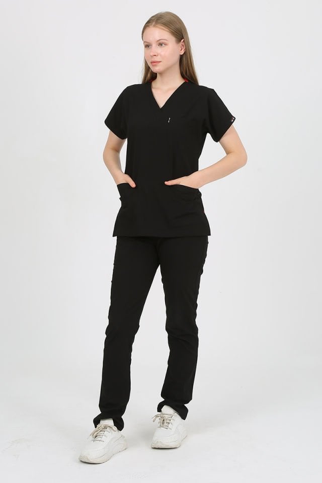 DAİSY V Yaka Siyah Unisex Uniforma (Likralı)